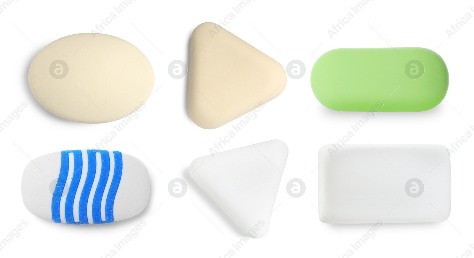 Image of Many different erasers isolated on white, set. Top view