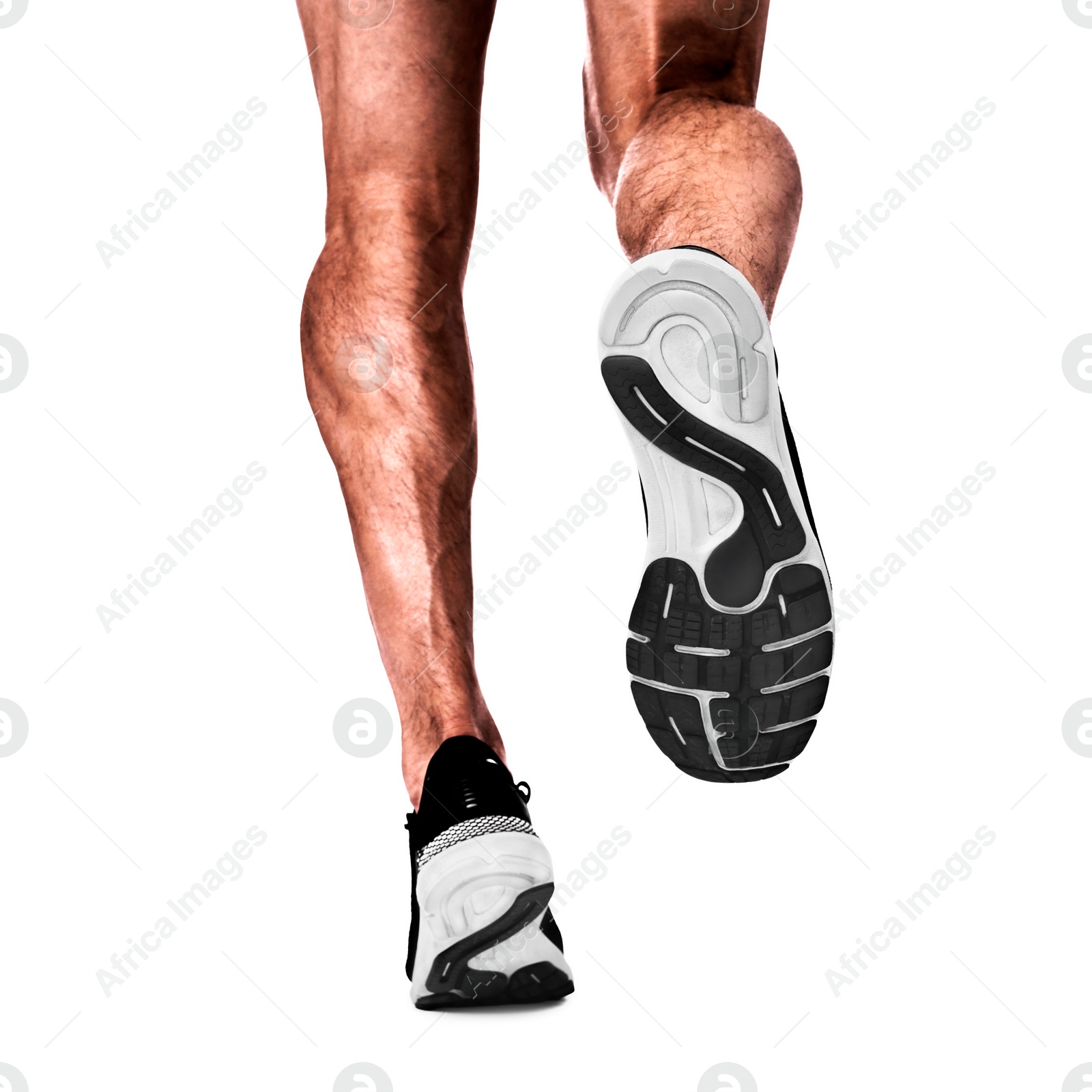 Image of Man running on white background, closeup view