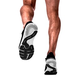 Image of Man running on white background, closeup view