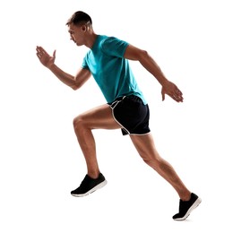 Man in sportswear running on white background