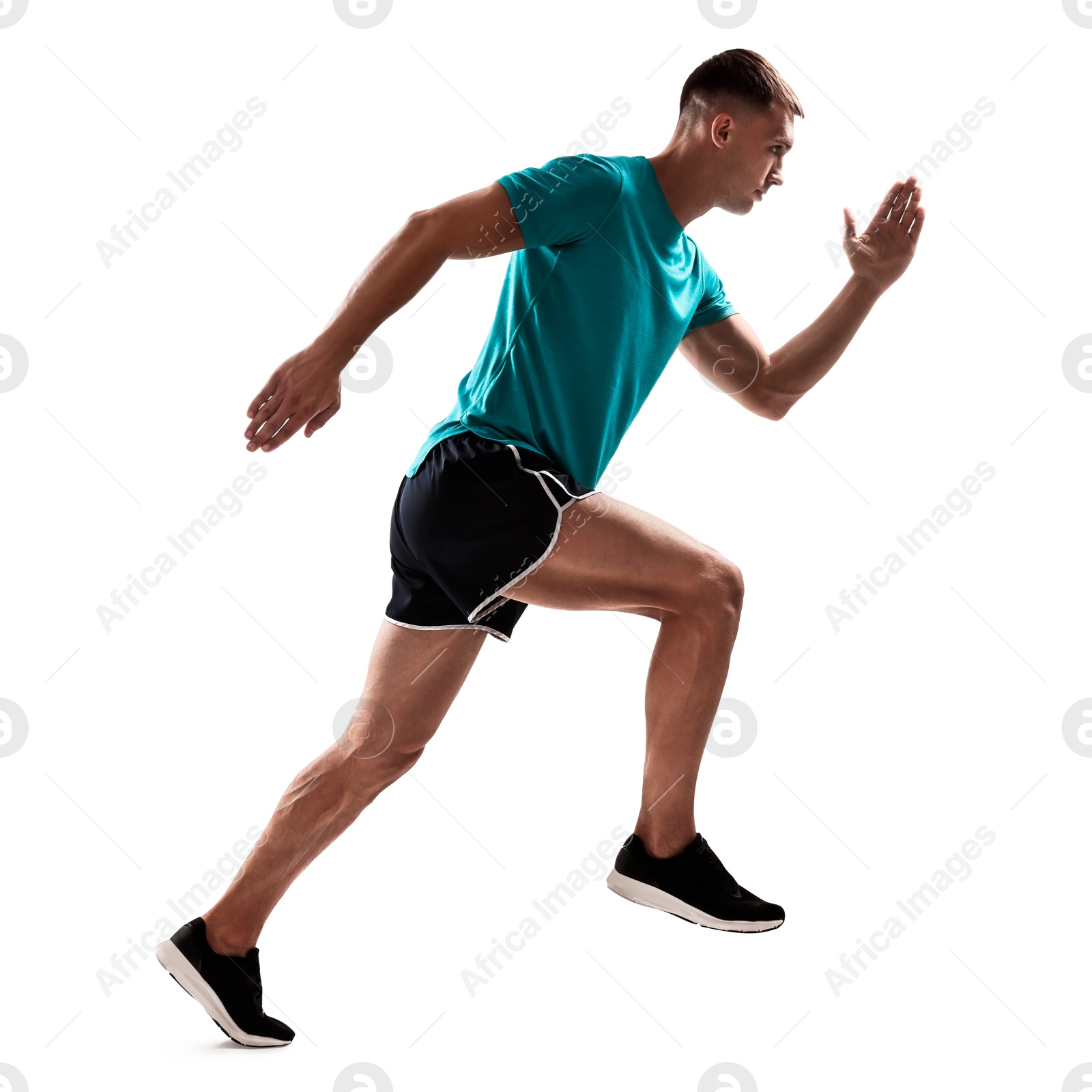 Image of Man in sportswear running on white background