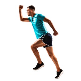 Man in sportswear running on white background