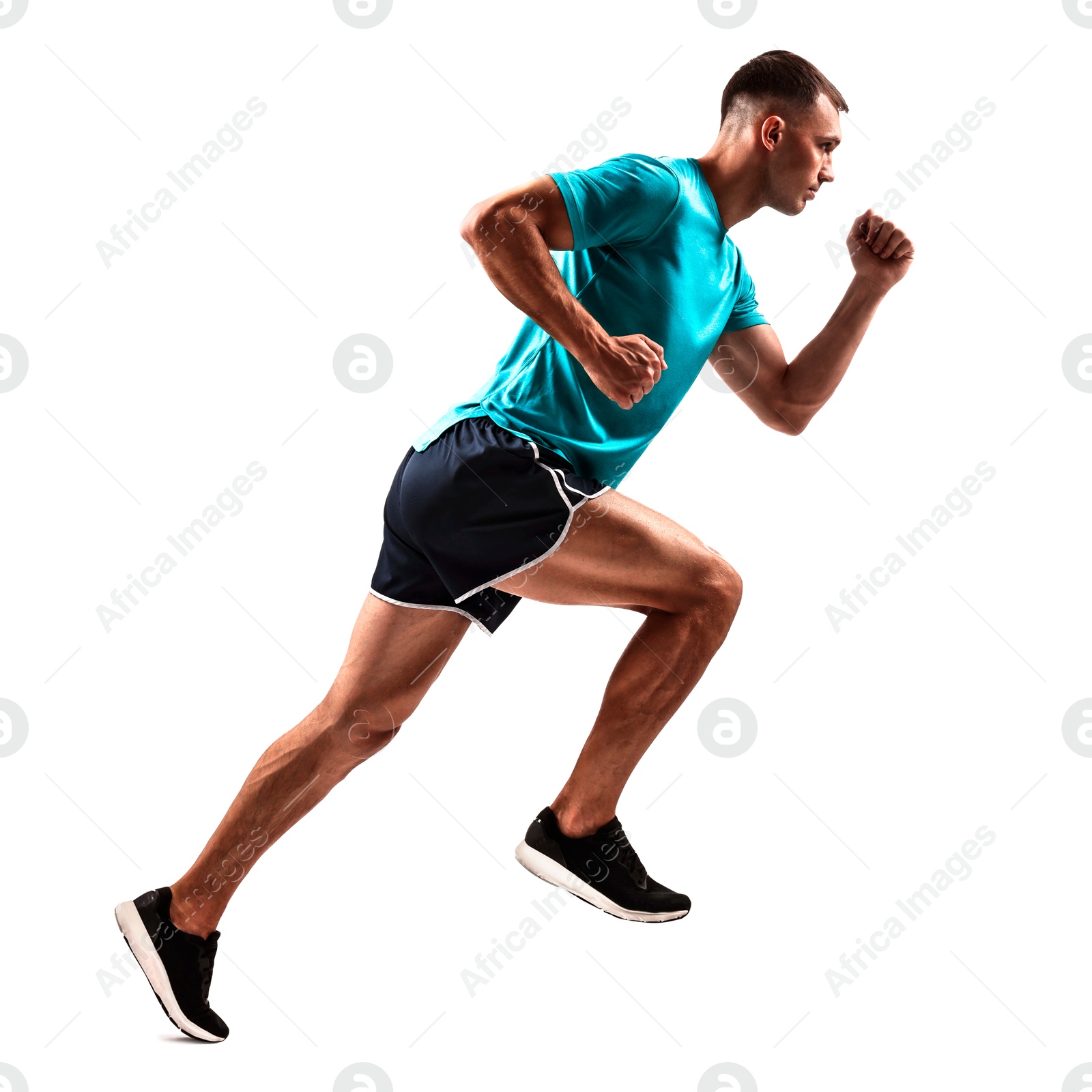 Image of Man in sportswear running on white background