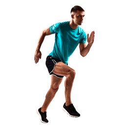 Man in sportswear running on white background