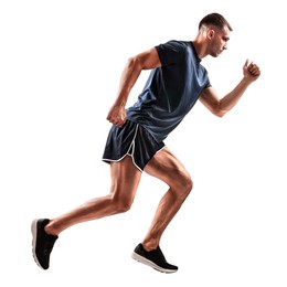 Man in sportswear running on white background