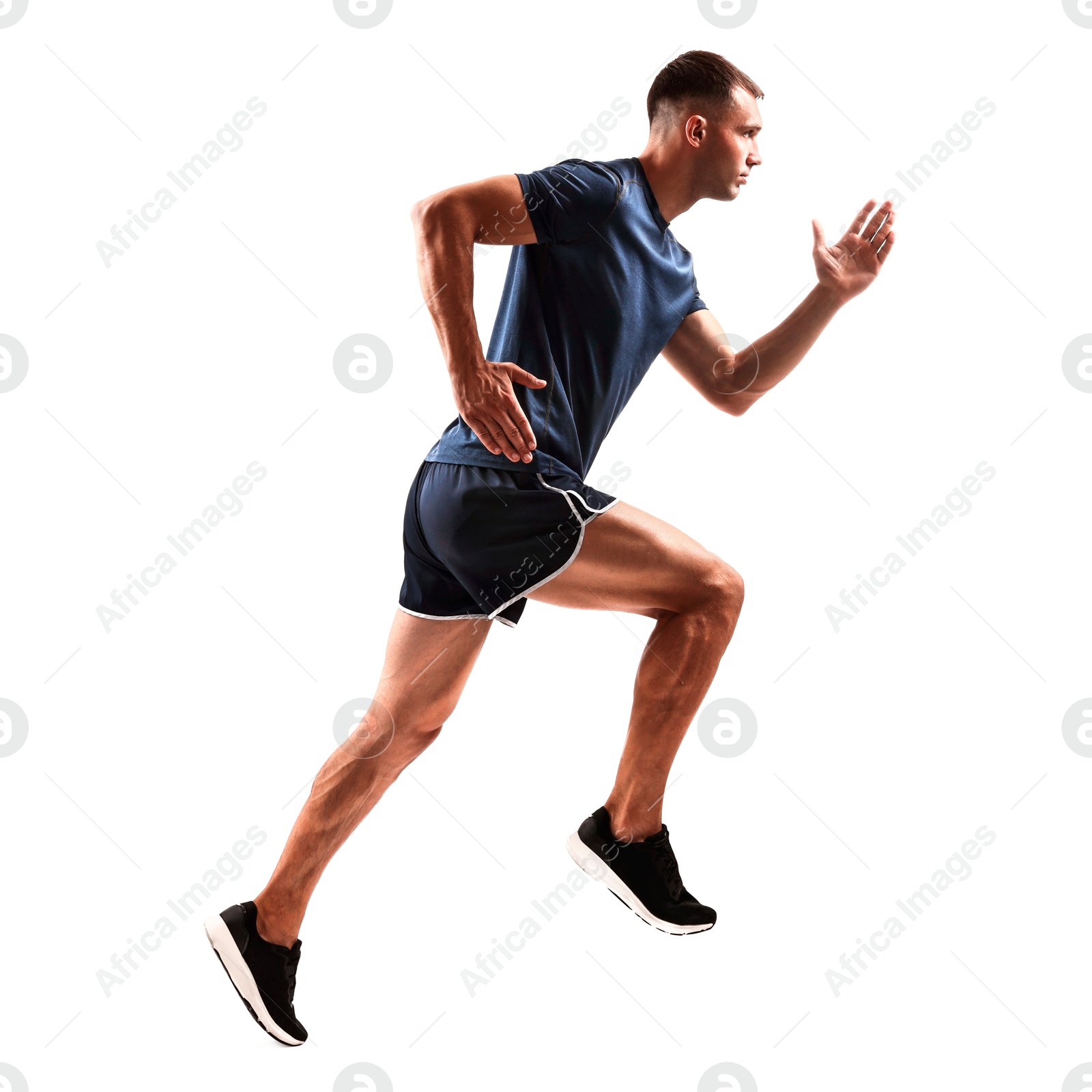 Image of Man in sportswear running on white background