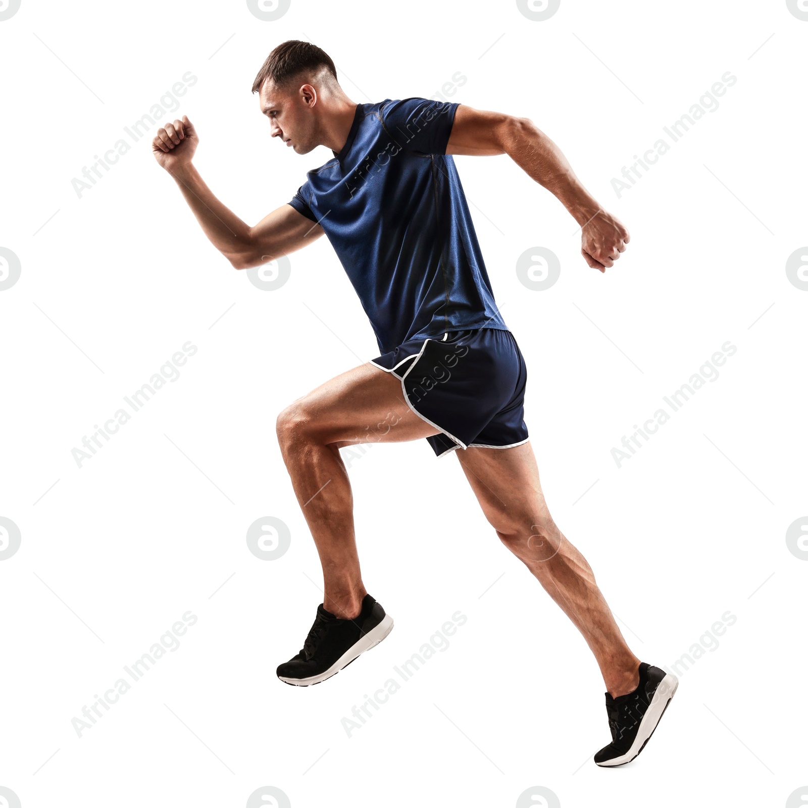 Image of Man in sportswear running on white background