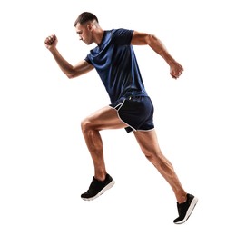 Man in sportswear running on white background