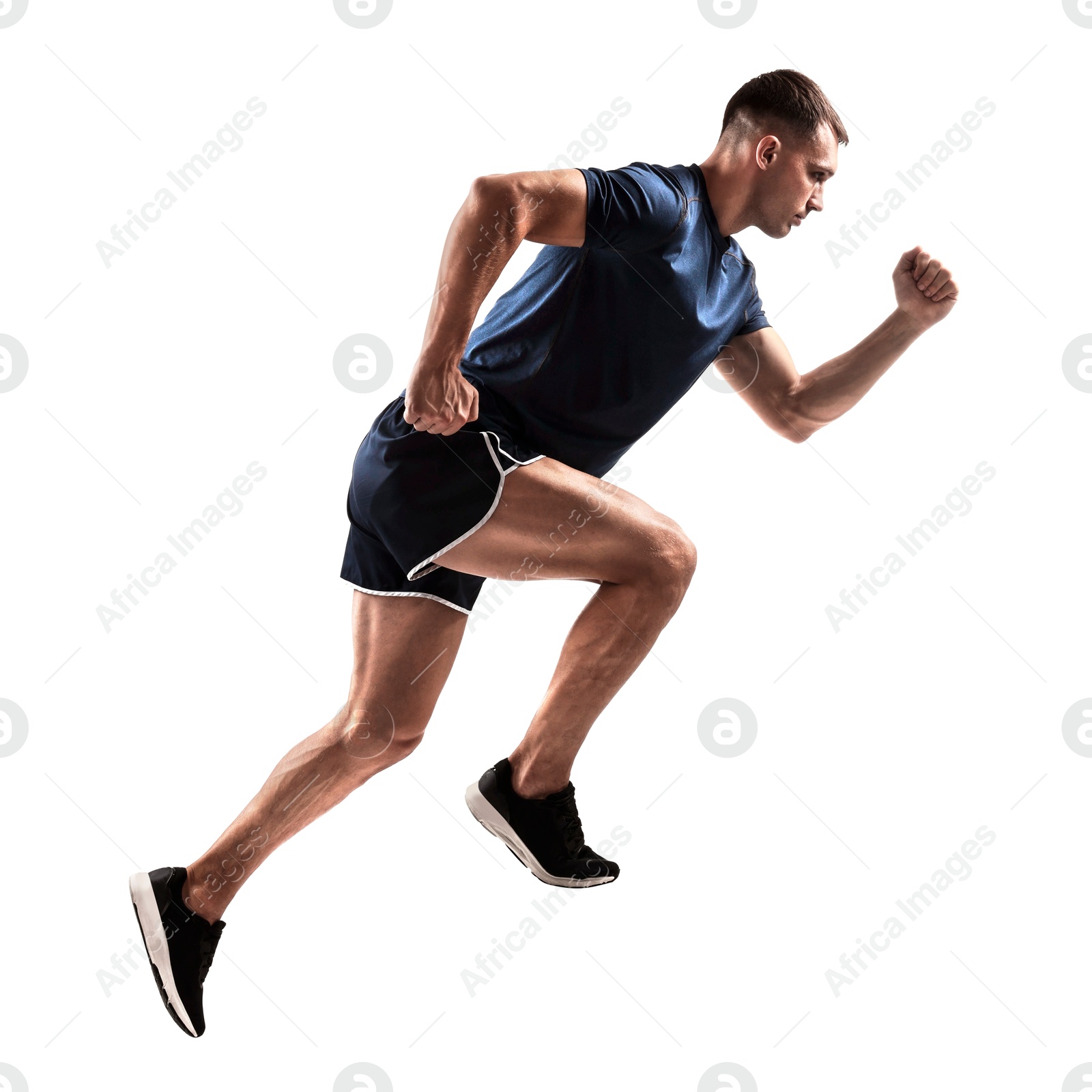 Image of Man in sportswear running on white background