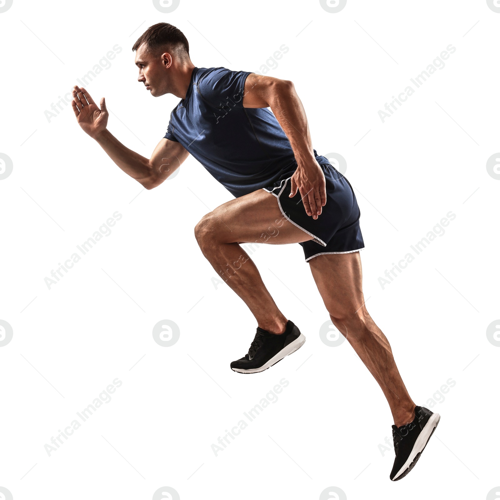 Image of Man in sportswear running on white background