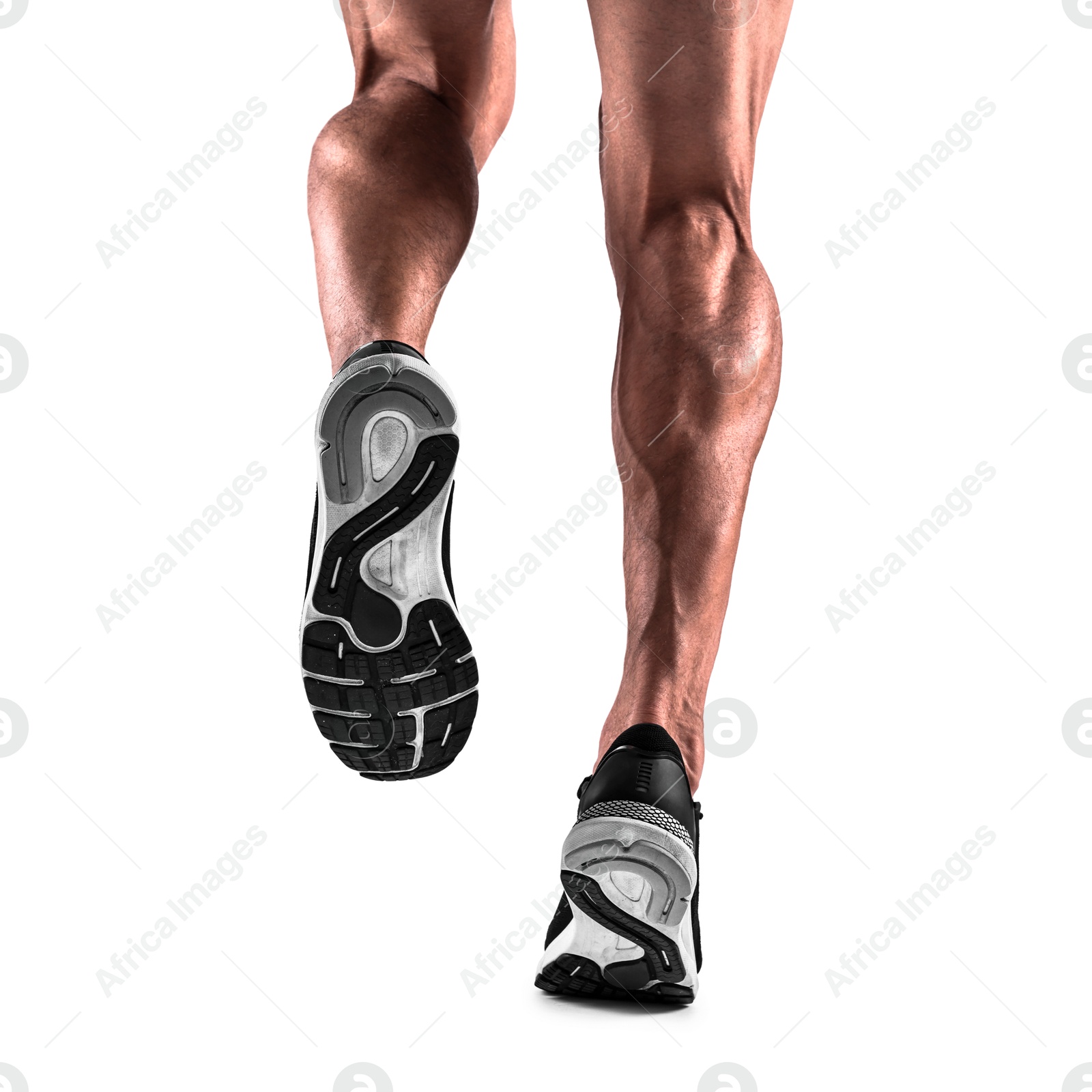 Image of Man running on white background, closeup view