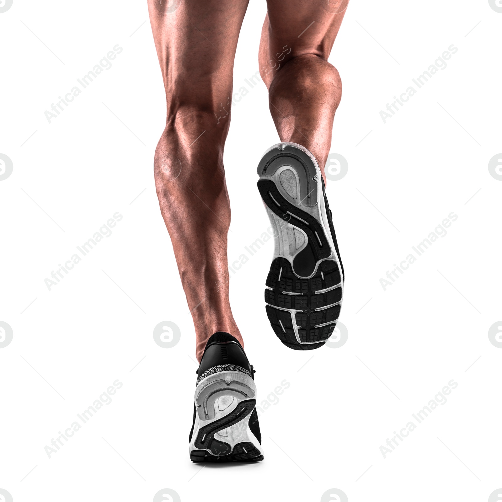 Image of Man running on white background, closeup view