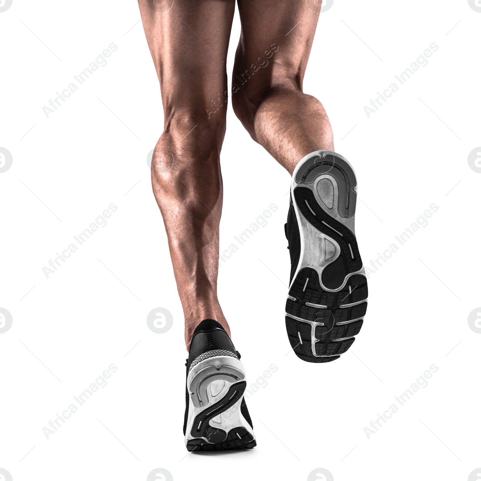 Image of Man running on white background, closeup view