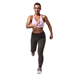 Image of Woman in sportswear running on white background