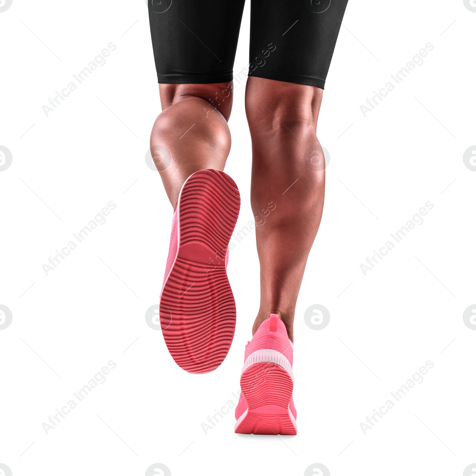 Image of Woman running on white background, closeup view