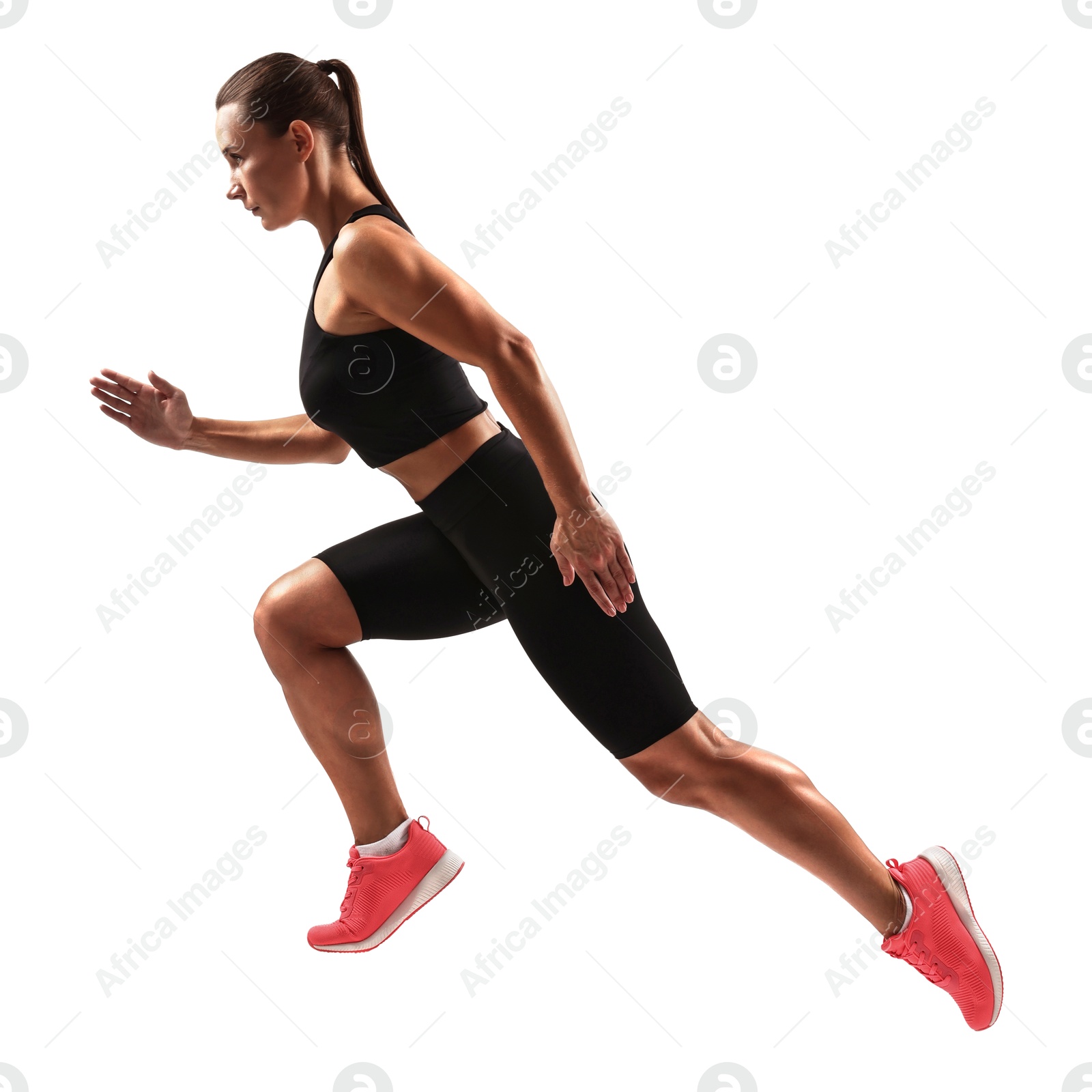 Image of Woman in sportswear running on white background