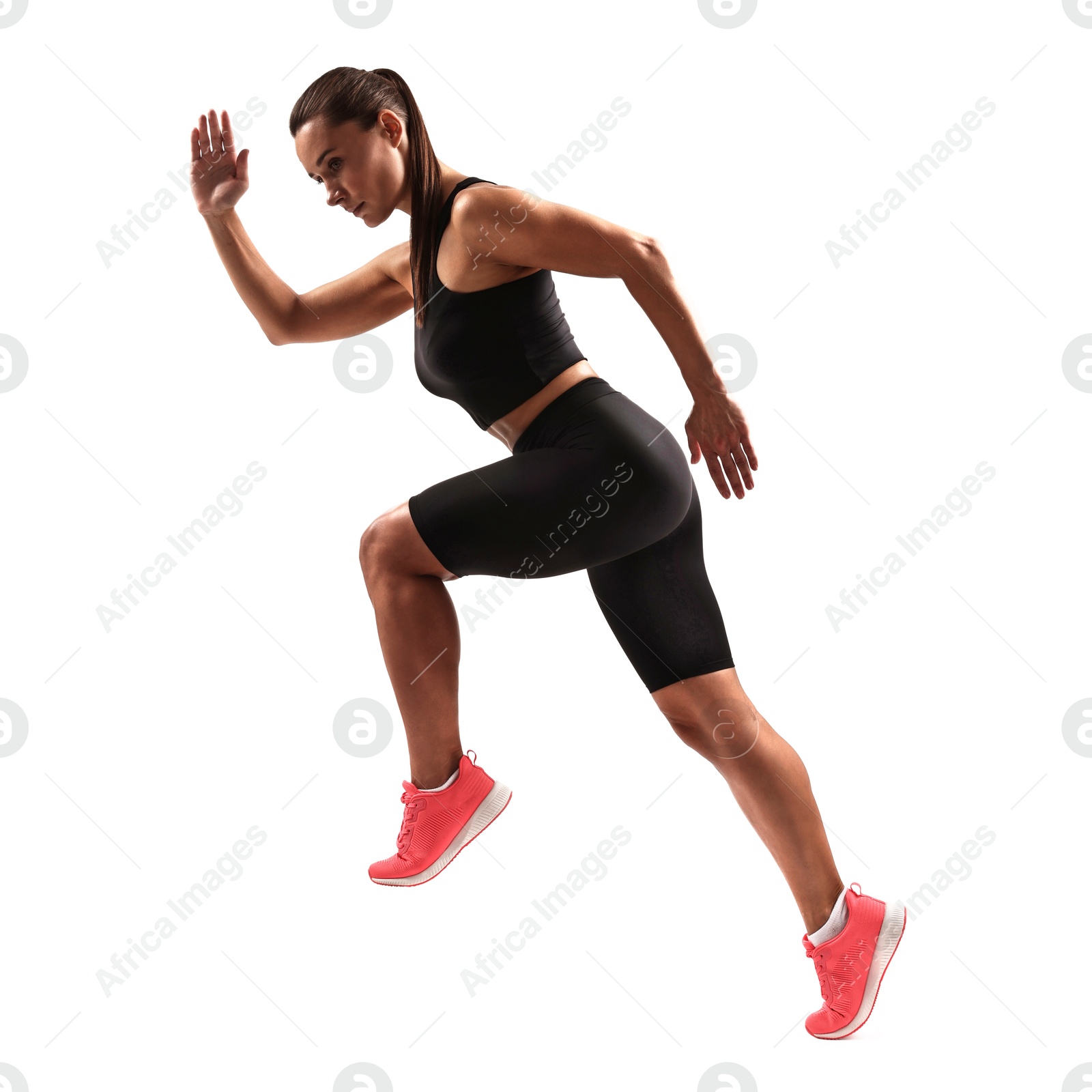 Image of Woman in sportswear running on white background