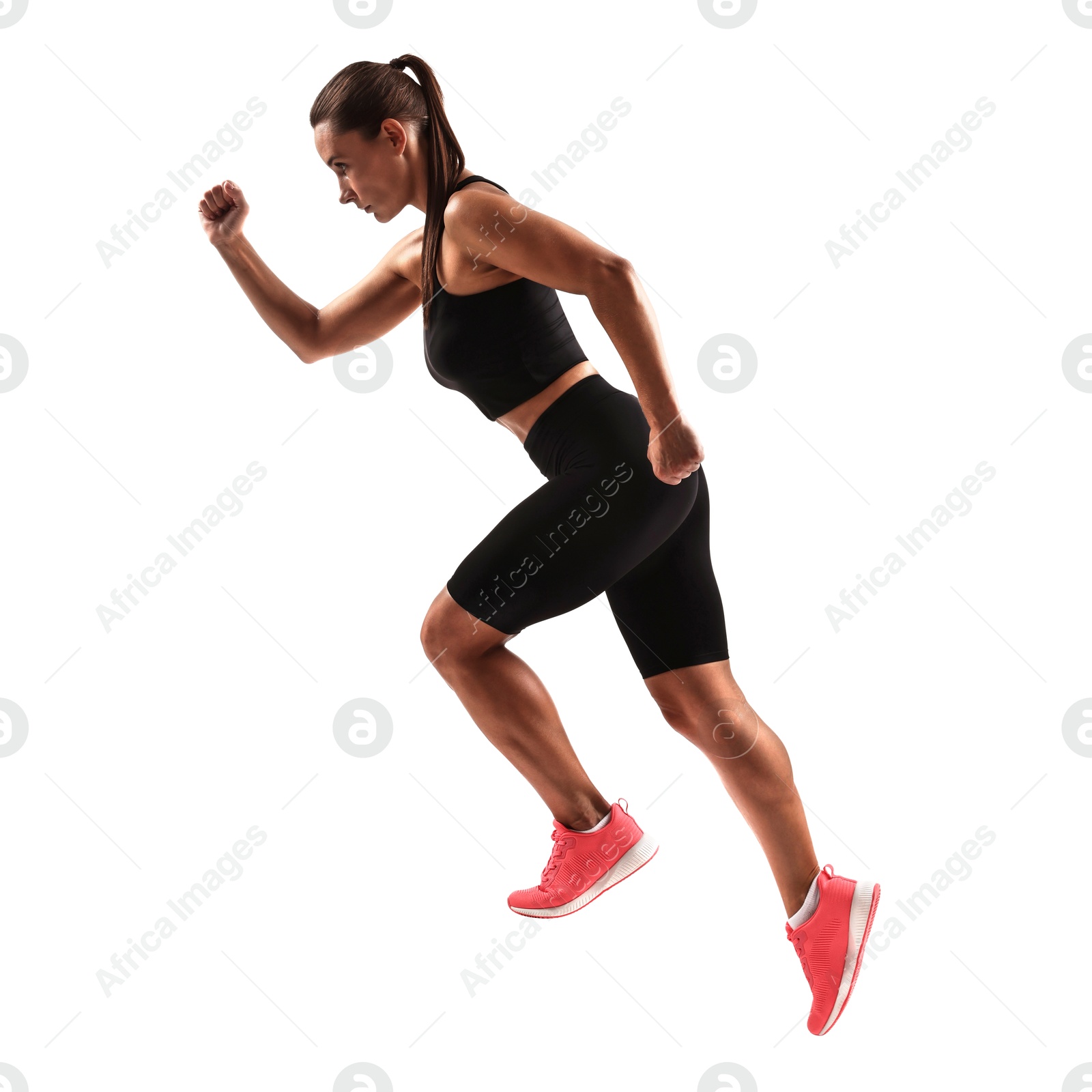 Image of Woman in sportswear running on white background