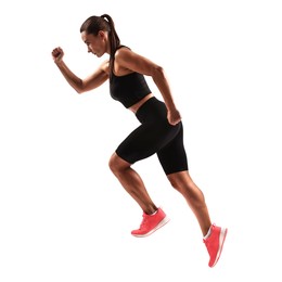 Woman in sportswear running on white background