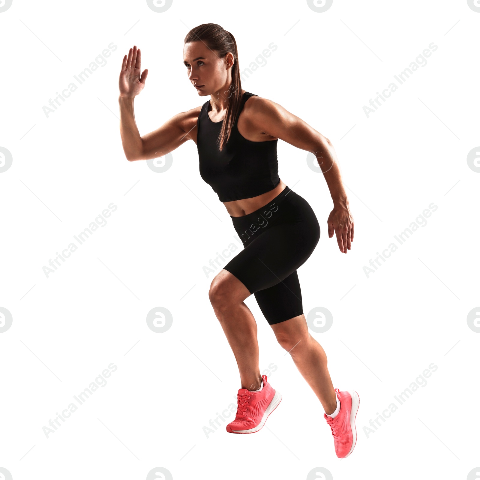 Image of Woman in sportswear running on white background