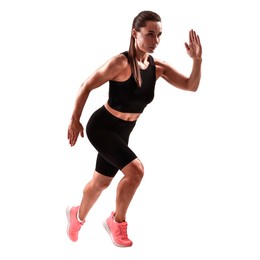 Image of Woman in sportswear running on white background