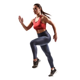 Woman in sportswear running on white background