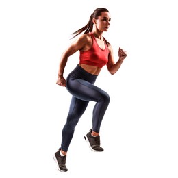 Woman in sportswear running on white background