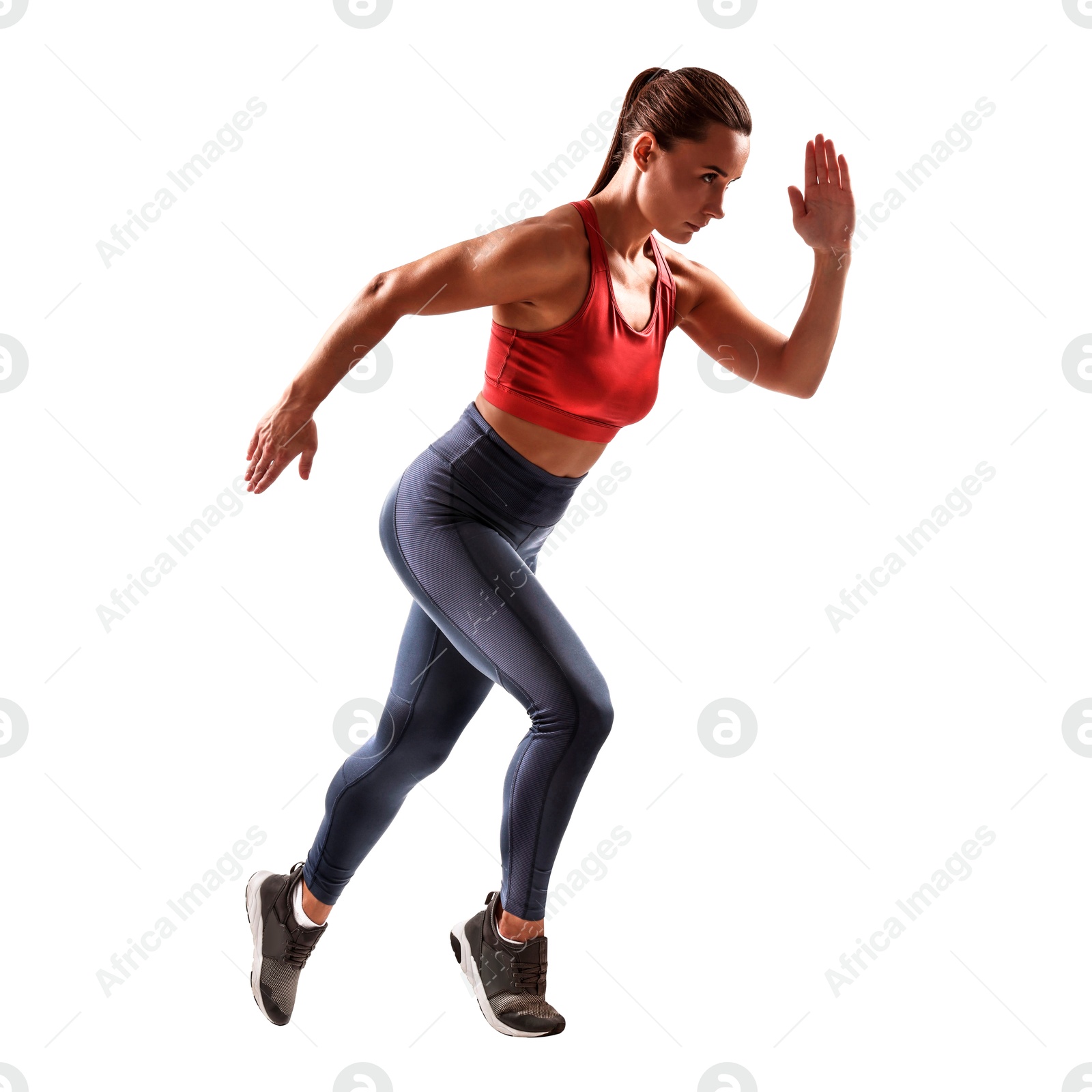 Image of Woman in sportswear running on white background