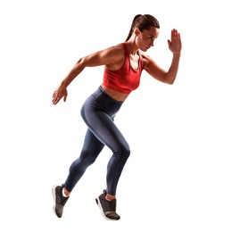 Image of Woman in sportswear running on white background