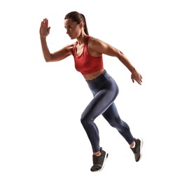 Woman in sportswear running on white background