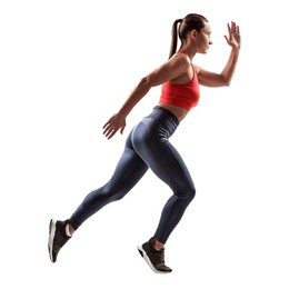 Image of Woman in sportswear running on white background