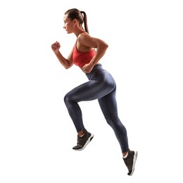 Woman in sportswear running on white background