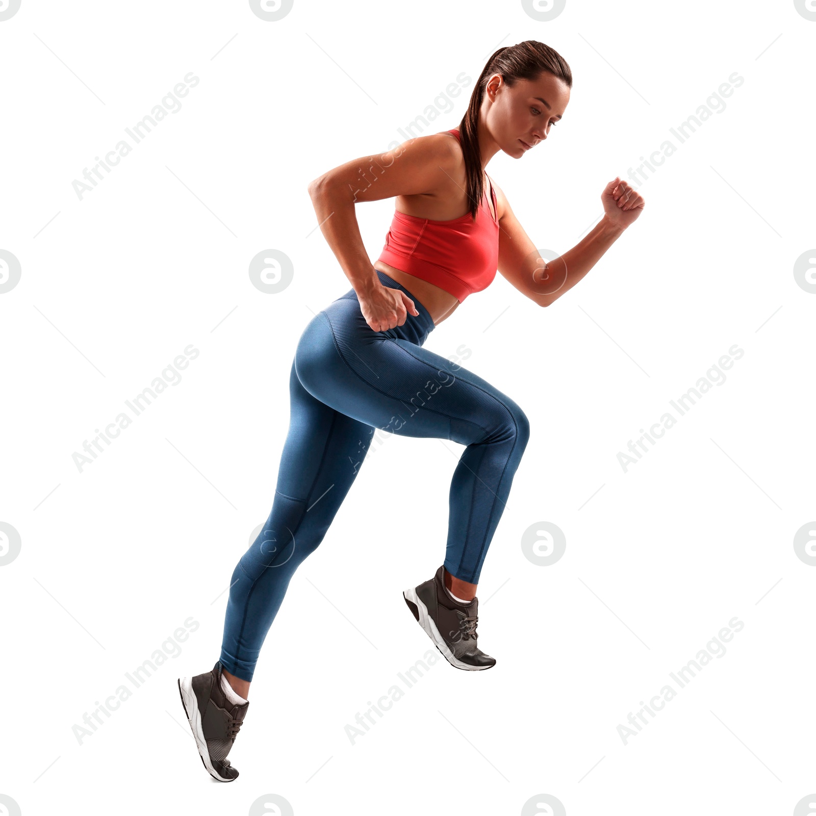 Image of Woman in sportswear running on white background