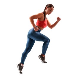 Woman in sportswear running on white background