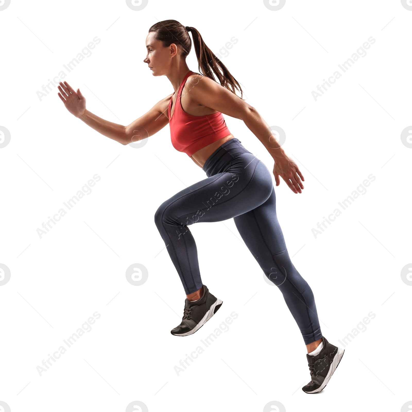 Image of Woman in sportswear running on white background