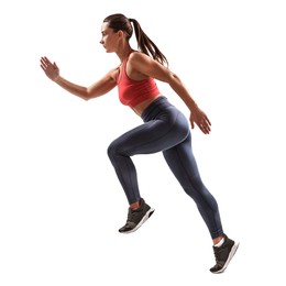 Image of Woman in sportswear running on white background