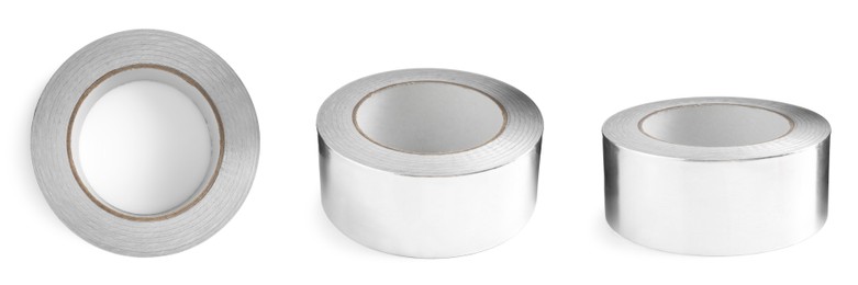 Image of Silver adhesive tape, set. Rolls isolated on white