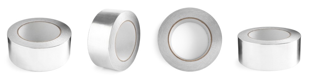 Image of Silver adhesive tape, set. Rolls isolated on white