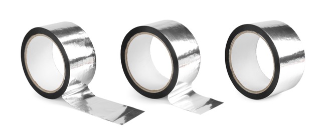 Image of Silver adhesive tape, set. Rolls isolated on white