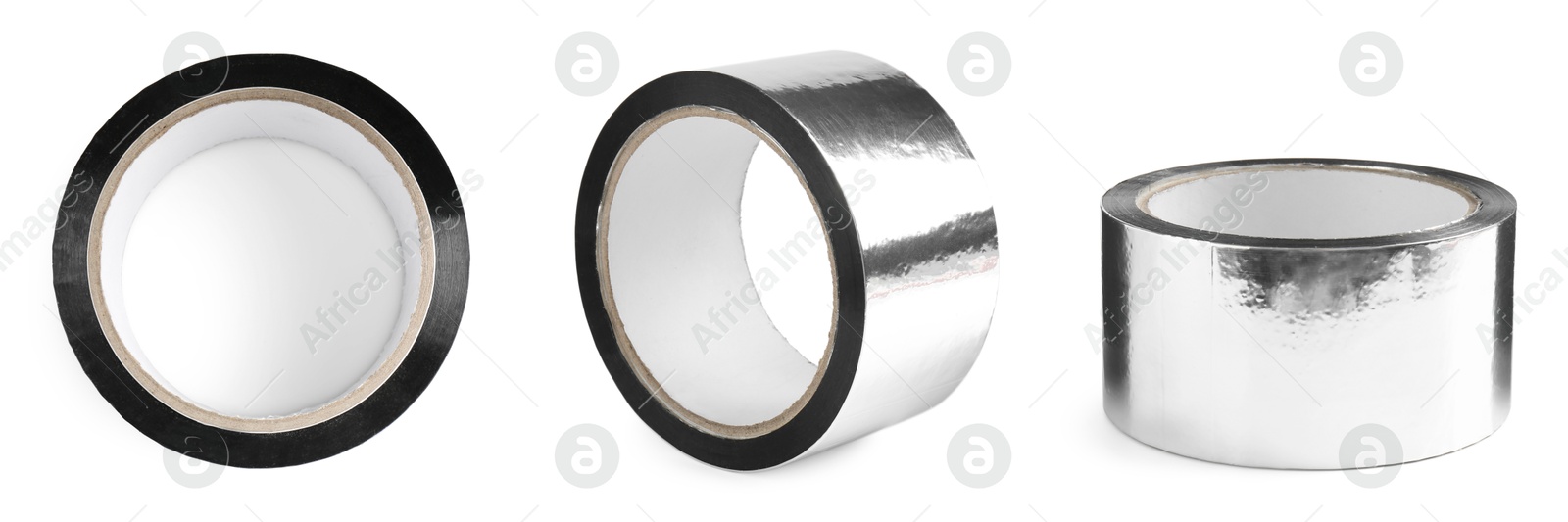 Image of Silver adhesive tape, set. Rolls isolated on white