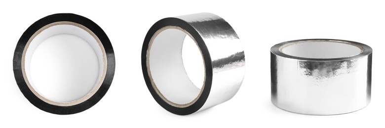 Image of Silver adhesive tape, set. Rolls isolated on white