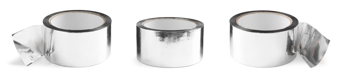 Image of Silver adhesive tape, set. Rolls isolated on white