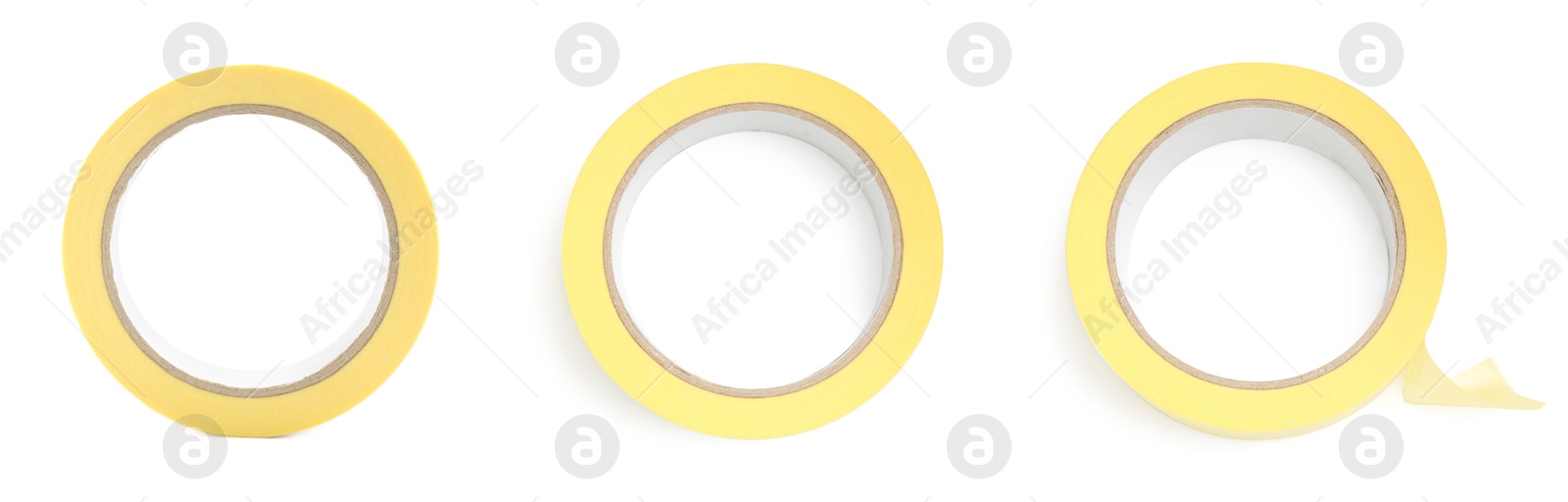 Image of Adhesive tape, set. Rolls isolated on white, top view