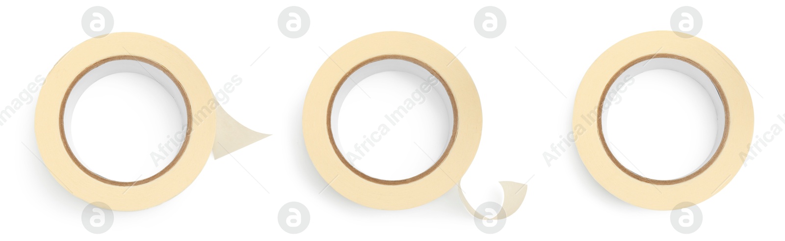 Image of Adhesive tape, set. Rolls isolated on white, top view