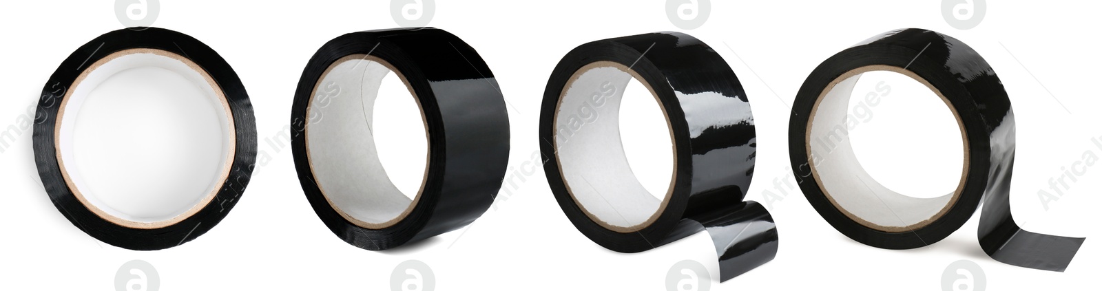 Image of Black adhesive tape, set. Rolls isolated on white