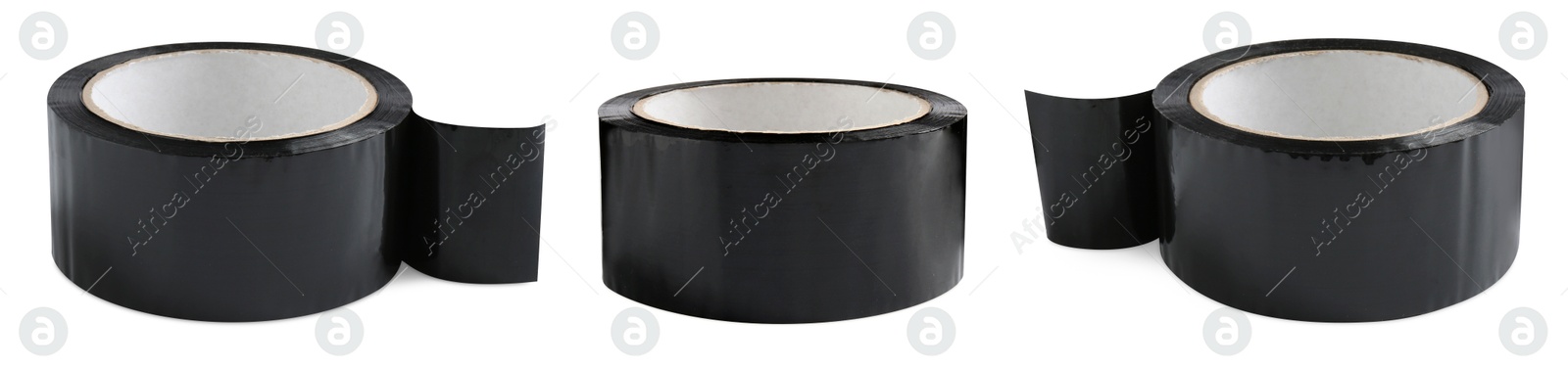 Image of Black adhesive tape, set. Rolls isolated on white