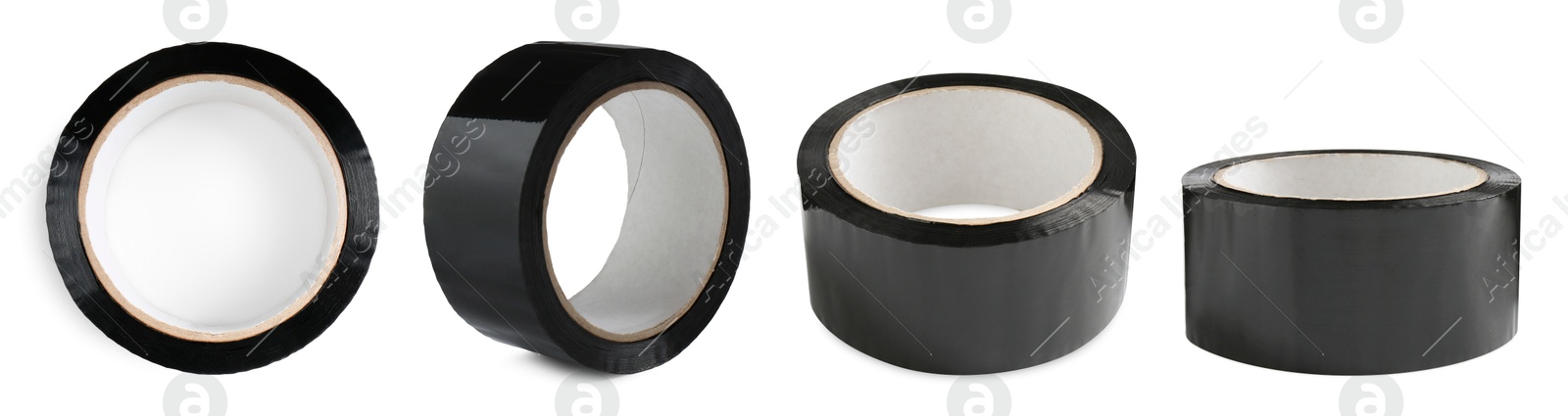 Image of Black adhesive tape, set. Rolls isolated on white