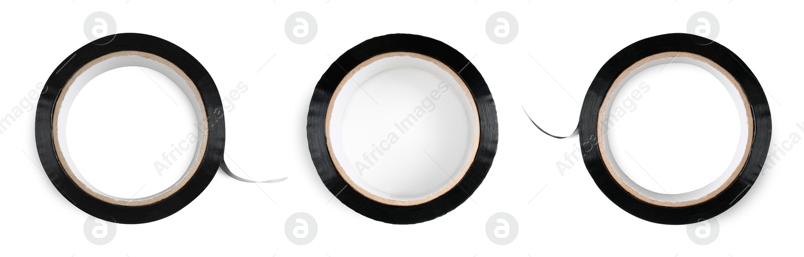 Image of Black adhesive tape, set. Rolls isolated on white, top view