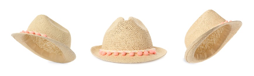 Image of Stylish straw hat isolated on white, collage. Fashionable accessory