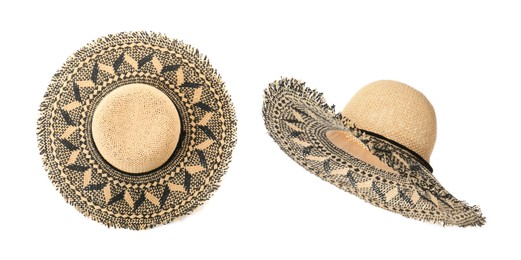 Image of Stylish straw hat isolated on white, top and side views. Fashionable accessory